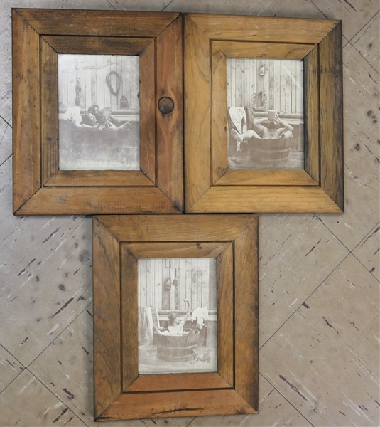 3 Vintage Style "Bathroom" Pictures in Rustic Wood Frames - Each Frame Measures 11 1/2" by 9 1/2" 