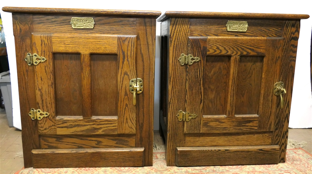 Pair of Oak White Clad Ice Box Style End Tables with Brass Tags and Hardware - Each Cabinet Measures 25 1/2" Tall 22 1/2" by 16 1/2" 