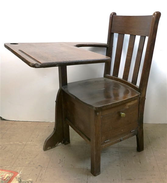 Oak School Desk with Ink Well Holder and Storage Compartment Under 