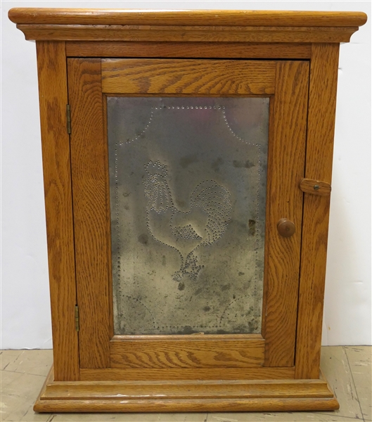 Oak Spice Cabinet with Rooster Design Punched Tin Door - Fixed Shelves Inside - Cabinet Measures 23" tall 16" by 6 1/2" 