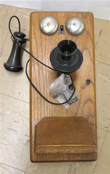 Oak Wall Telephone with Winding Handle - Phone Does Not Have Works Inside