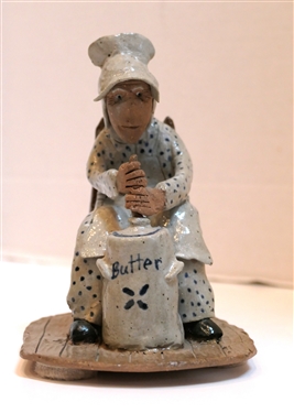 Jim Havner (Robbins, NC) Art Pottery Lady Churning Butter Sculpture - Signed JH 2003 - "Mud Critter Statue Measures 6" Tall 