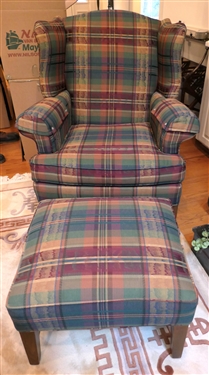 Cochrane Furniture Wing Back Arm Chair and Matching Ottoman - Burgundy Plaid Upholstery - Chair Measures 41" Tall 34" by 29" Ottoman Measures 16" Tall 22" by 18" 
