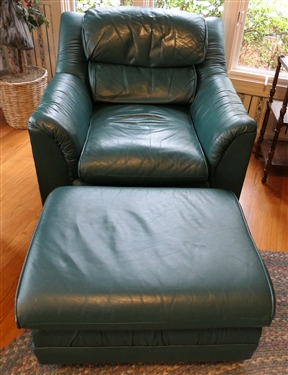 Emerson Leather Green Leather Club Chair and Ottoman - Made in Hickory, NC - Chair Measures 33" Tall 36" Wide - Ottoman Measures 15" tall 28" by 23" 