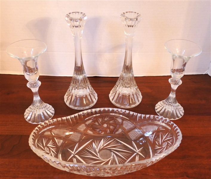 2 Pairs of Crystal Candlesticks and Oval Crystal Bowl - Candle Sticks Measure 6 1/2" and 8" and Bowl Measures 10" by 5 1/2" 