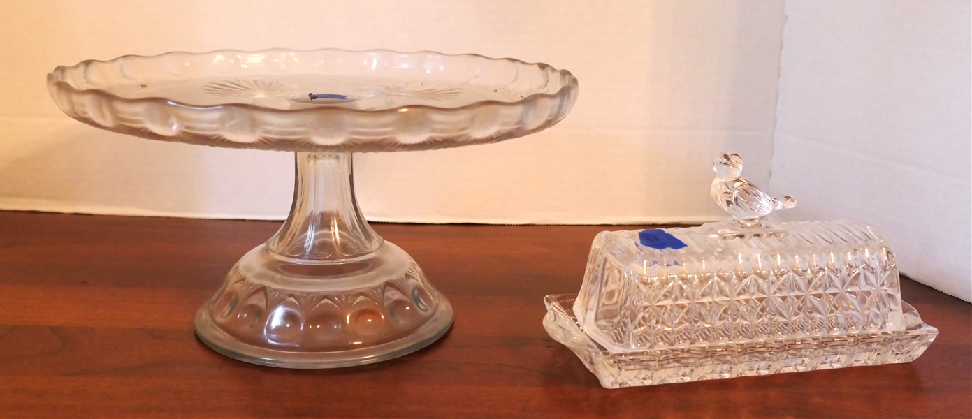 Early American Press Glass Cake Pedestal and Crystal Butter Dish with Bird Finial  - Cake Stand Measures 5" Tall 10" Across 