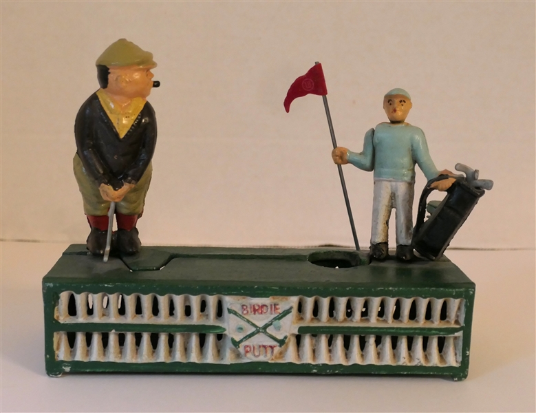 Cast Iron Mechanical Golfer Bank - "Birdie Putt" Bank Measures 5 1/2" tall 7" by 2 1/2" 