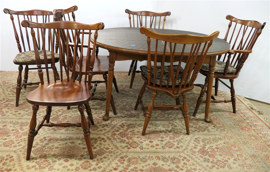Queen Anne Style Dinning Table with 3 Leaves and 6 Old Town Cherry  Windsor Dining Chairs - 2  Captains Chairs and 4 Side Chairs  - Table  Has Table Cover Pad -  Measures 29" tall 53" by 43" Not...