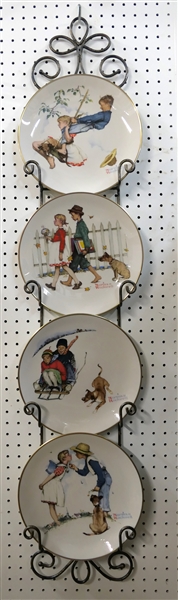 Set of 4 Gorham Limited Edition "Norman Rockwell" Collectors Plates in Metal Plate Rack - Each Four Season Plate Measures 10 3/4" Across