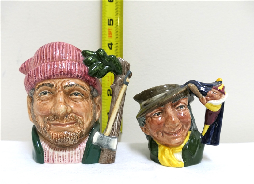 2 Royal Doulton Character Jugs / Mugs - "The Lumberjack" D6613 - 1966 and "Punch & Judy Man" D6596 - Measuring 3" - 