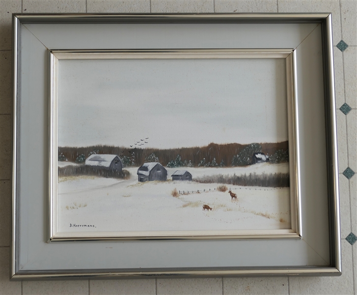 D. Heeremans - Oil on Canvas Painting of Winter Scene with Deer and Barns - Framed - Frame Measures 18" by 22"