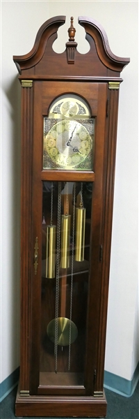 Pearl Broken Arch Tall Case Clock-with Fancy Scrolled Face, Weights, and Pendulum - Case Measures 76" tall 17" by 8 1/2" 