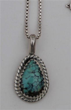 Native American Sterling Silver and Turquoise Pendant on Sterling Silver Chain - Pendant Signed CB Sterling - Chain Measures 15" Pendant Measures 3/4" by 1/2"