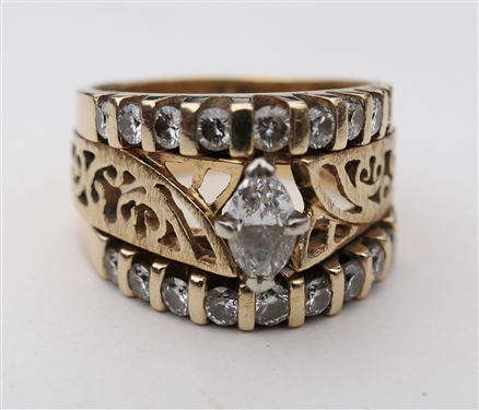 9.8 G 14kt Yellow Gold Wedding Set - Center Ring Composed of Marquee Diamond Set in Filigree Band Surrounded by 2 Diamond Bands with 9 Diamonds in Each - All 3 Rings are Soldered Together - Size 7 1/4