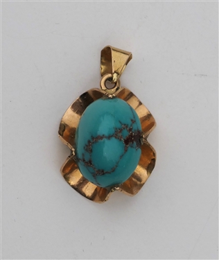 14 Kt Gold and Persian Turquoise Pendant - Measures 1" by 1/2" 3.5 g