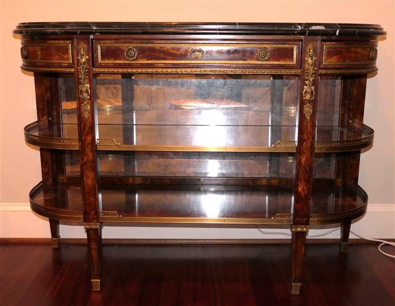 Theodore Alexander - Bow Front French Style Console Table - Green Marble Top - Brass Ormalou Details - 3 Dovetailed Drawers Over 2 Shelves with Brass Gallery - Measures 37" tall 52" by 16 1/2"