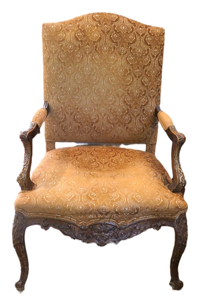 Beautiful Gold Arm Chair with Heavily Carved Frame - Gold Velvet Brocade Upholstery - Chair Measures 44 1/2" Tall 28" by 24" -  Chair Frame Needs Some Repair to Front Strecher