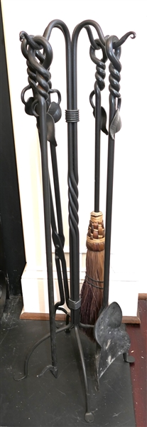 Nice Hand Made Wrought Iron Fire Tools Set - Twisted Handles with Leaf Details - Stand Measures 33" Tall 