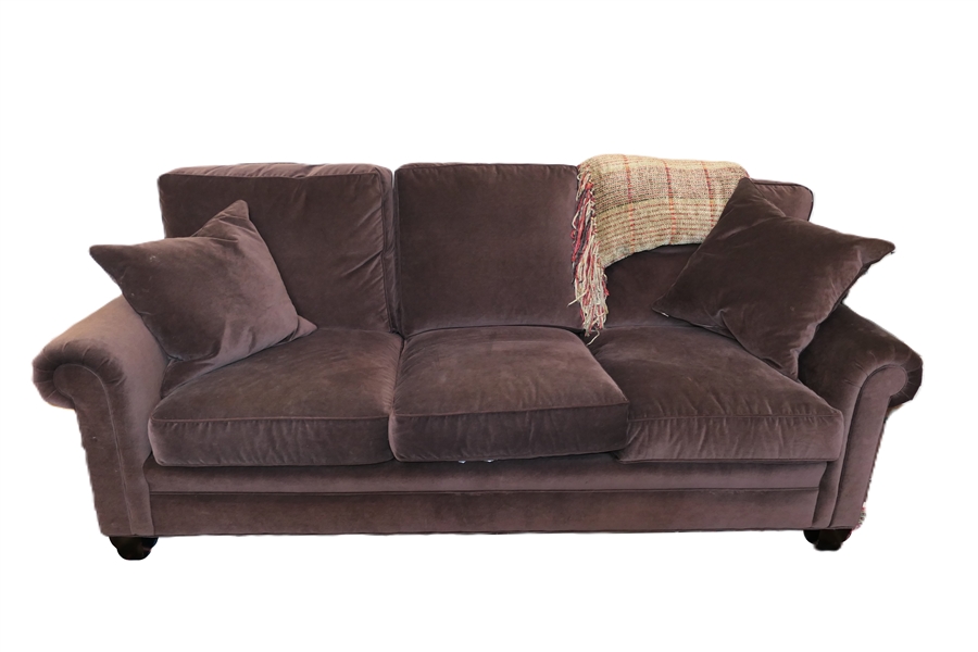 Sherrill Furniture Brown Velvet Sofa - Down Filled Cushions  and Matching Throw Blanket- Measures 88" Long 36" Deep