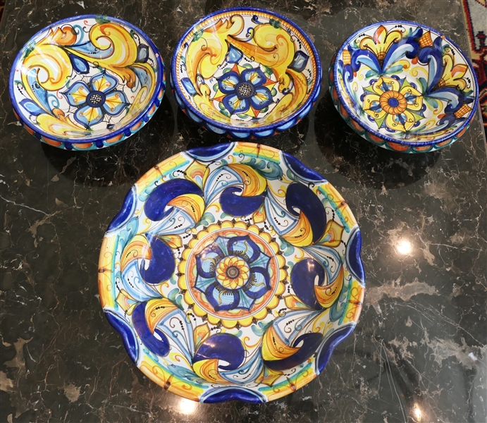 Hand Painted Italian Pasta Set - Trestia Scialla Signed on Bottom  -Largest Bowl Measures 11 1/2" Across Smaller 8" - 1 Smaller Bowl Has Small Nick on Rim 