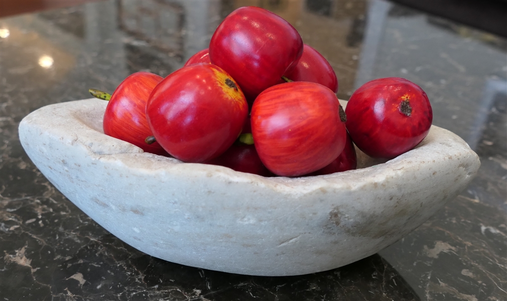 Marble Stone Carved Oval Bowl with Miniature Faux Apples - Bowl Measures 3" Deep 8" Across