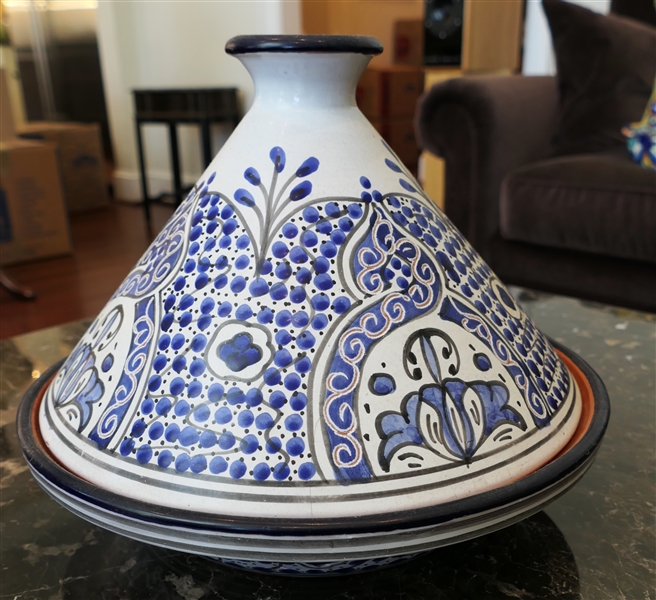 Art Pottery Tagine - Hand Made in Tunisia - Measures 12" Across 9" Tall 