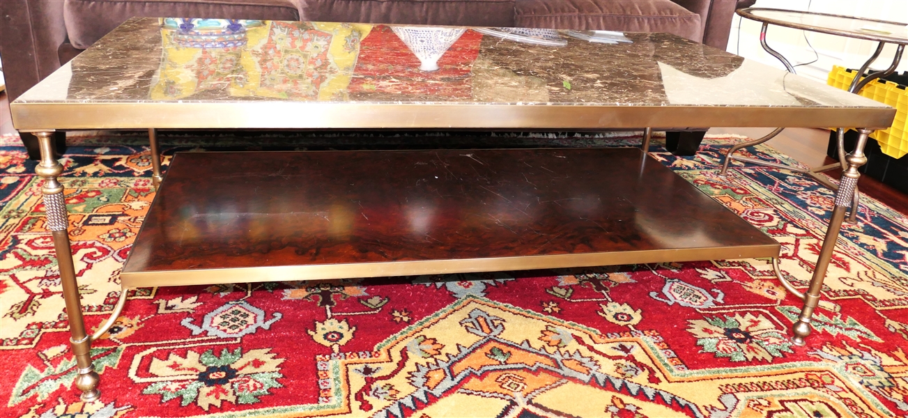 Theodore Alexander Fine Marble Table with Marble Top and Burl Topped Shelf - Fine Bronze Metal Frame - Table Measures 18" tall 50" by 28"