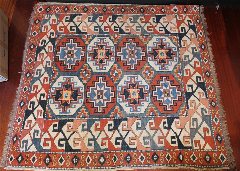 Hand Woven Square Rug - Blue, Rust, and Cream - Measures 59" by 54"