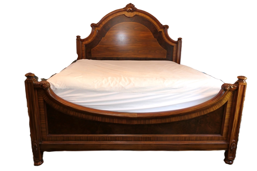 Outstanding Mahogany and Burl Walnut Inlaid King Size Bed - Inlaid Head Board and Foot Board - Wood Rails - Carved Floral Finials and Crest 