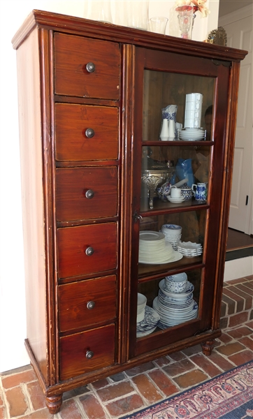 Pine Display Cupboard with 6 Dovetailed Drawers - 3 Fixed Shelves - Measures 68" Tall 43" by 18"