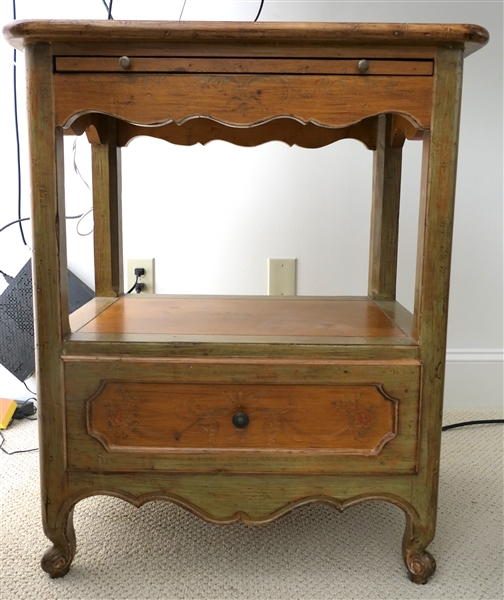 French Painted Stand with Pull Out Tray - Drawer At Bottom - Scalloped Apron - Measures 34" tall 27" by 18"