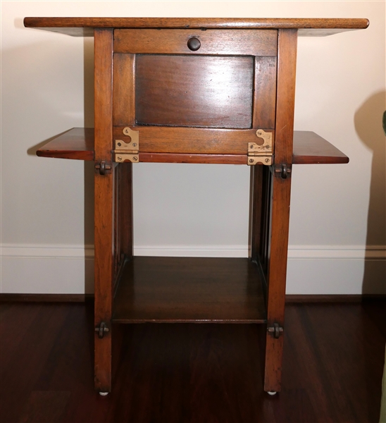 Unusual Oak Table with Drop Front Cabinet - Brass Hardware - Table Measures 30" tall 24" by 12" 