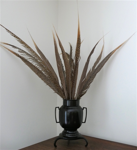 Metal Urn with Pheasant Feathers - Measures 9 1/2" Tall 