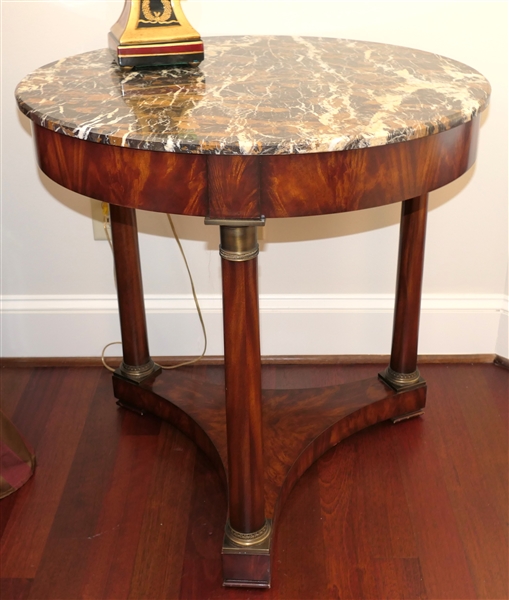 Nice Theodore Alexander Round Marble Top Table with Column Legs - Brass Accents - Measures 30" Tall 30" Across