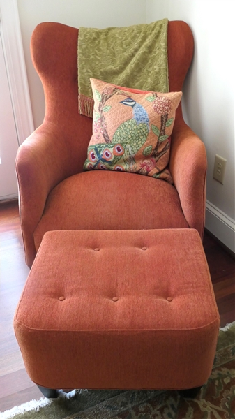 Burnt Orange Wing Back Chair with Matching Ottoman, Throw, and Needlepoint Peacock Pillow - Chair Measures 38" tall 28" Across