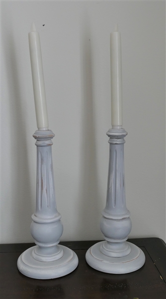 Pair of White Painted Wood Candle Sticks with Battery Operated Taper Candles - Each Candle Stick Measures 12"