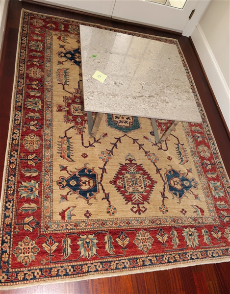 Nice Handwoven Oriental Rug - Cream, Blue and Coral - Measures 710 1/2" by 58"