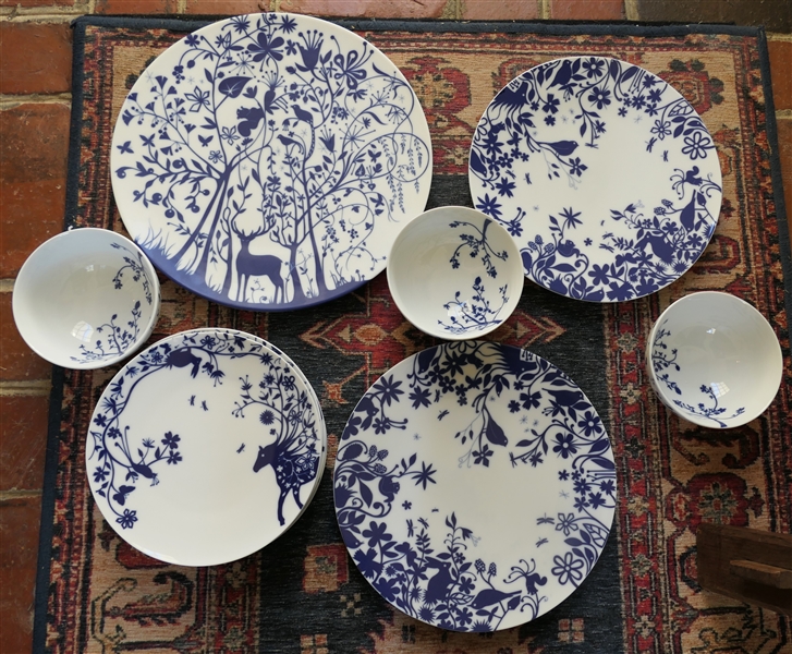 11 Pieces Table Stories - Tord Boontje - Blue and White Dinnerware - Bowls Salad Plates, Dinner Plates, and Round Platter - 1 Bowl and 1 Salad Plate Have Chips