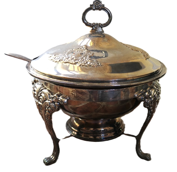 Beautiful Silver Plate Chafing Dish with Lid and Ladle, Removable Footed Bowl - Very Fancy Legs 