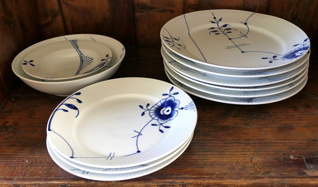 11 Pieces of Royal Copenhagen Denmark Blue and White China - Dinner Plates, Salad Plates, and 2 Bowls - Plates Measure 10"