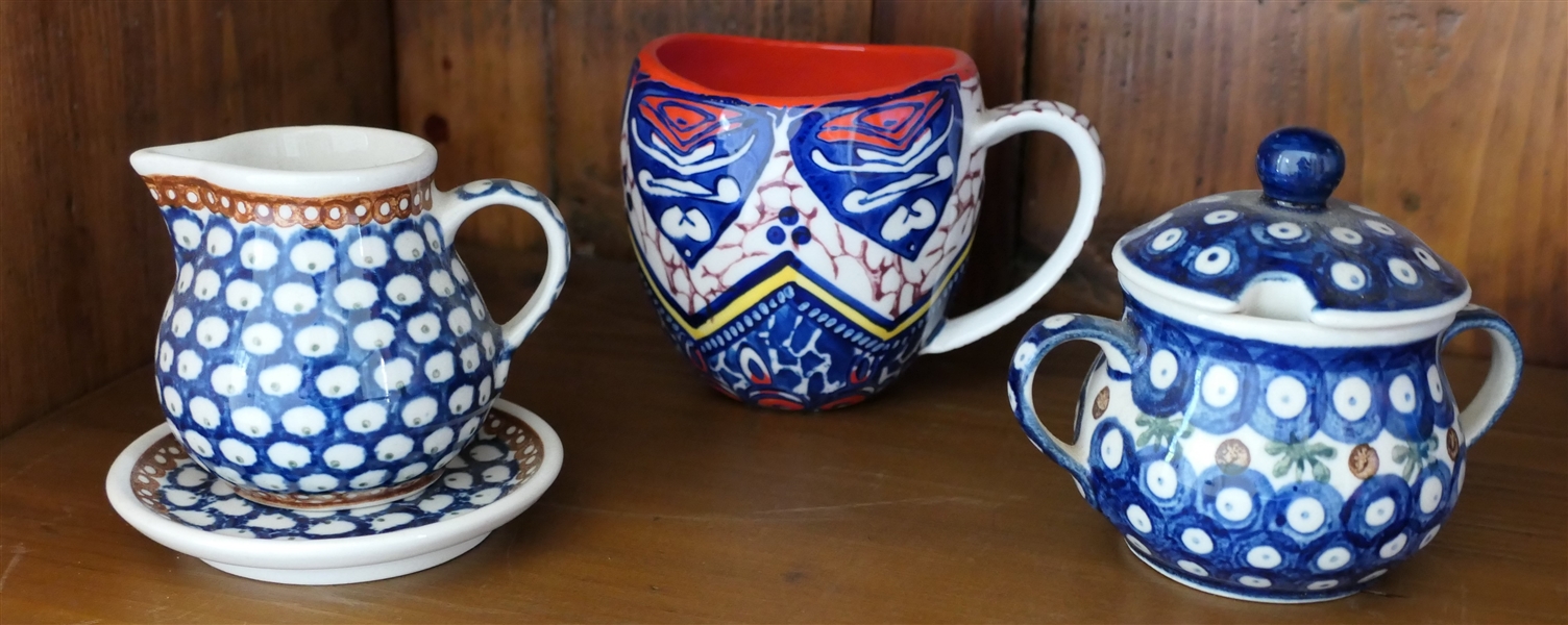 3 Pieces of Hand Made Polish Pottery and Colorful Mug - Creamer Measures 3"