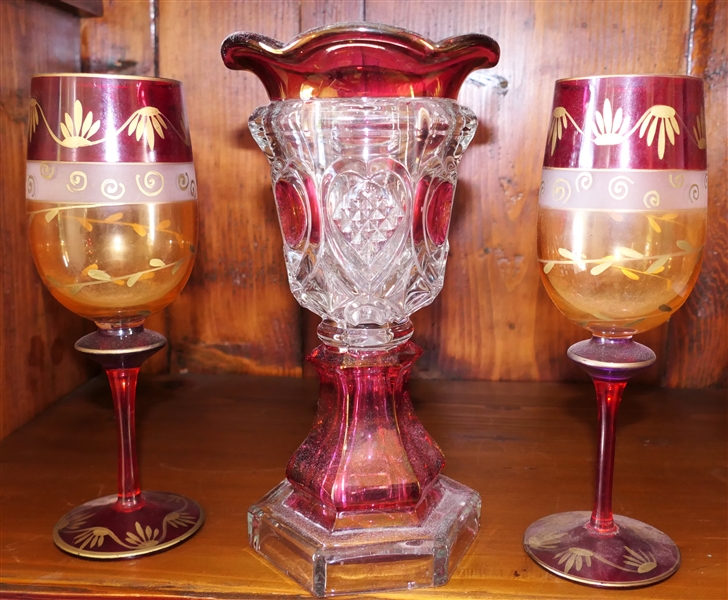 Pair of Bohemian Glass Wine Glasses with Gold Details and Early American Press Glass Ruby Flash Vase- Vase Measures 9 1/4"