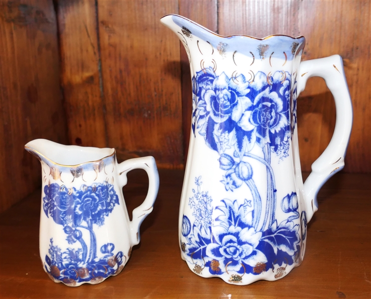 2 Blue and White Transferware Pitchers - Signed Victoria on Bottom - Tallest Measures 7 1/2"