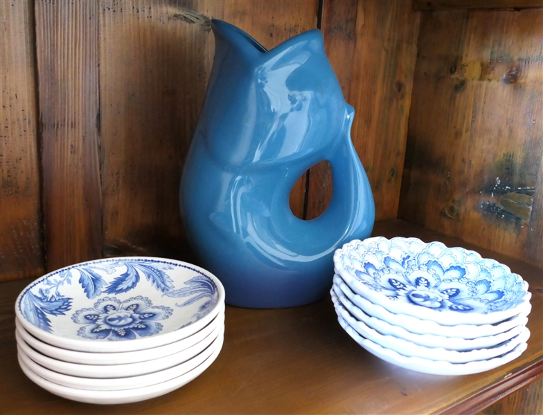 Fish Shaped "Gurgle Pot" Pitcher and 10 Blue and White Melamine Small Plates - From Williams Sonoma - Pitcher  Measures 9 1/2" Tall 