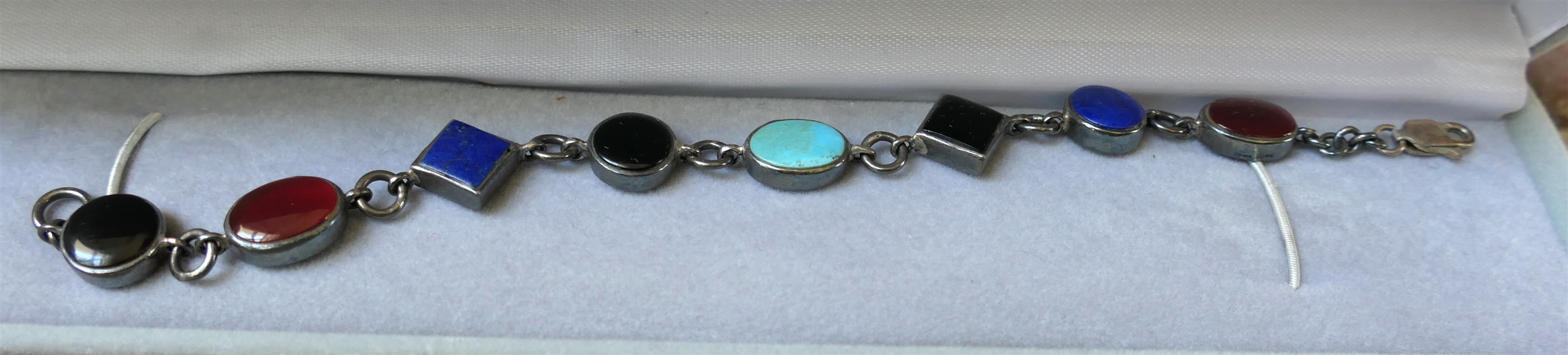 Sterling Silver Multi Color Stone Reversible Bracelet - Stones on One Side and Hand Stamped Design on Reverse - Bracelet Measures 7"