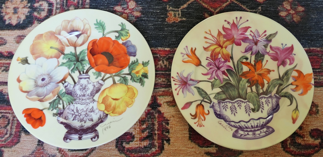 Pair of Email de Limoges Hand Painted Floral Plates - Each Measures 7 1/2" Across                                                                                      