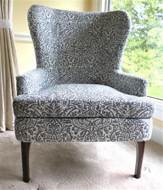 Very Nice Clean Pier 1 Wing Chair -Blue and White Upholstery - Nail Head Trim - Chair Measures 39" Tall 28" by 22"