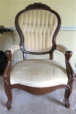Walnut Victorian Parlor Chair - Very Clean - Button Tufted Seat Back, Carved Floral Crest - Chair Measures 44" Tall 25" by 22" 