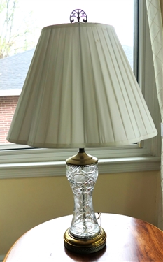 Beautiful Brass and Etched Crystal Table Lamp -Nice Pleated Shade -  Lamp Measures 17" To Bulb