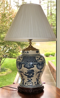 Beautiful Blue and White Chinese Export Table Lamp with Wood Base - Nice Shade - Dragon and Bird Motif - Lamp Measures 19" to Bulb